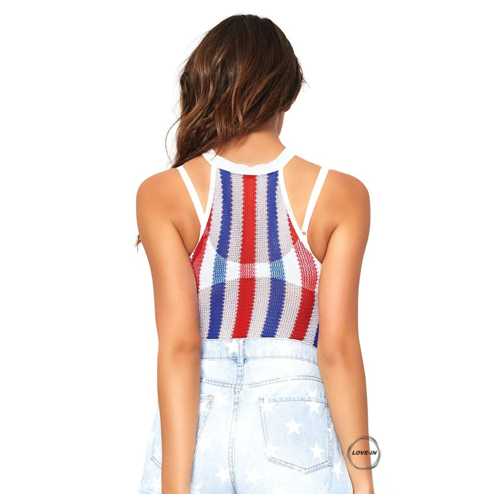 Leg Avenue【法國旗條紋網眼掛頸連身衣】Stripped Net Halter Bodysuit